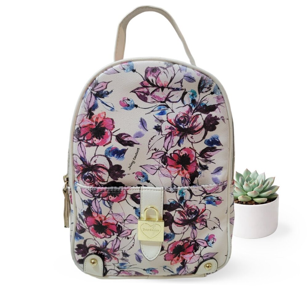 Juicy Couture Floral Mini Backpack White Pink Purple Heart Lock Gold Hardware